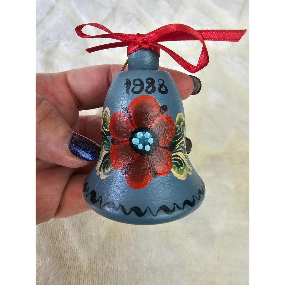 Norweigen Handpainted Christmas  Ornament Wooden Blue Bell Artist Signed